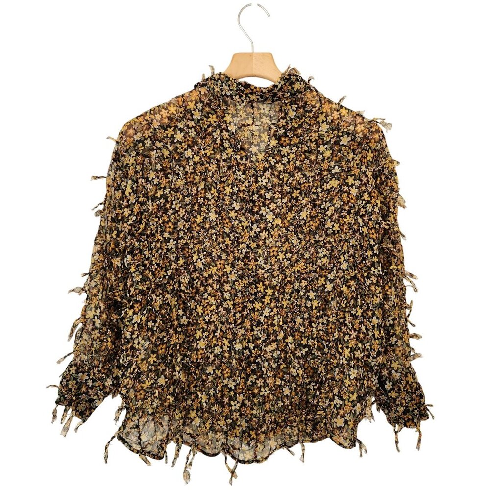Zara Floral Fringe Blouse Long Sleeves Sheer Fairy Ethereal Garden Girl Pretty - Picture 2 of 8